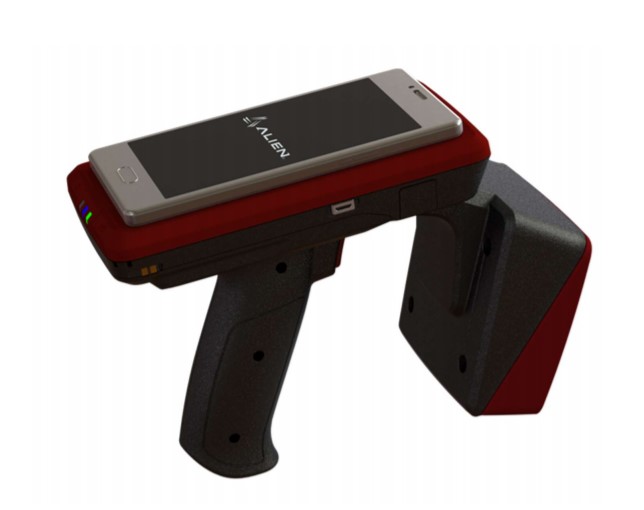 Alien RFID (Radio Frequency Identification) Sled Handheld Reader with smart mobile device attached.