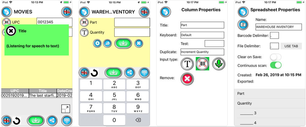 Scan to spreadsheet screen shots of a free barcode scanning app on iPhone and iPad