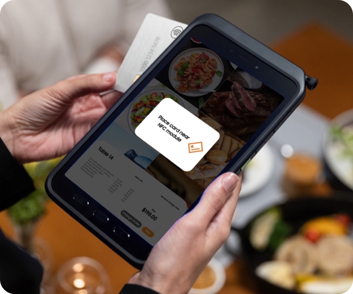 Restaurant server using POS software on Samsung Galaxy Tab Active5 Android tablet