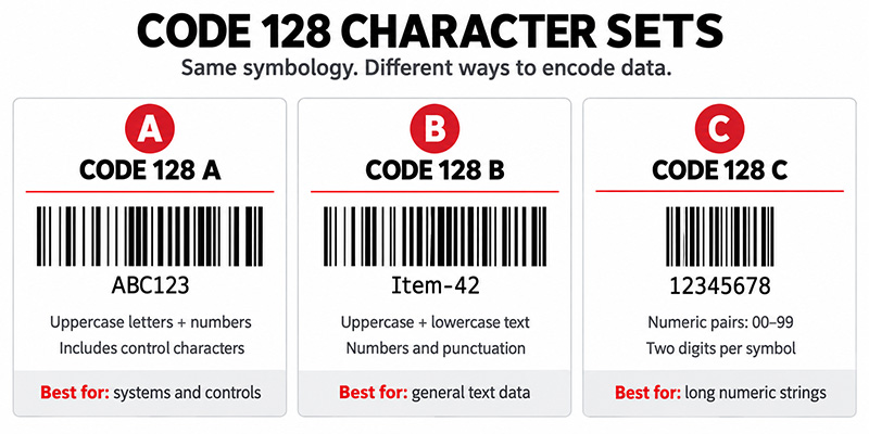 What are Code 128 A, B, and C code sets?